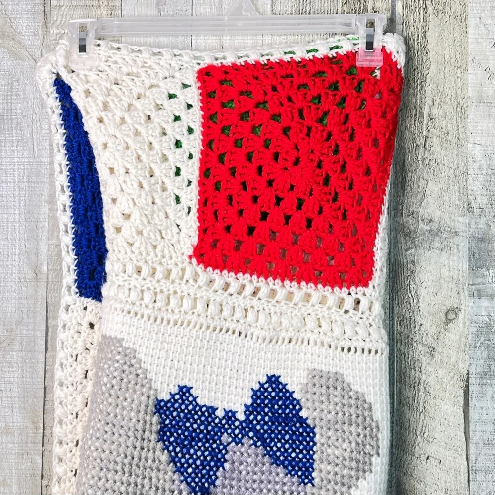 Vintage Elephant Crochet Blanket Color Blocks Red Yellow Gray Green Blue & White